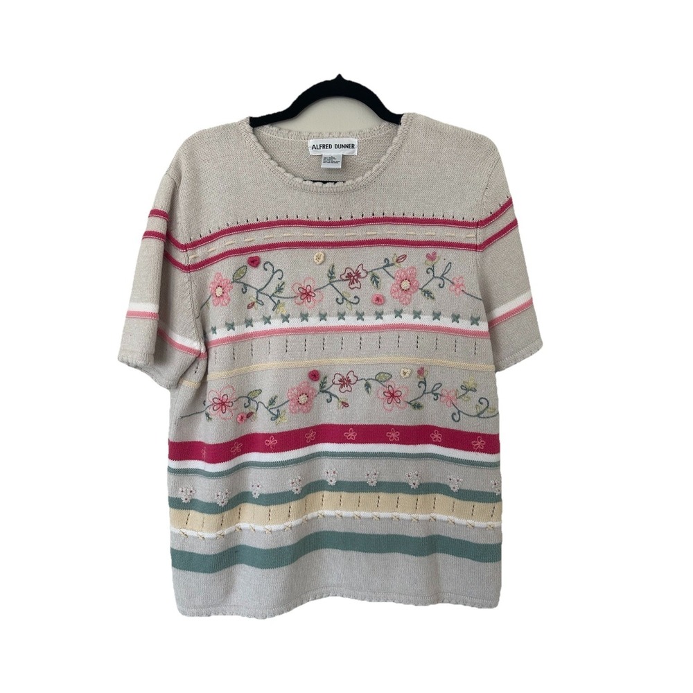 Vintage 90s Floral Embroidered Short Sleeve Ramie Sweater Cottagecore Grandma LG